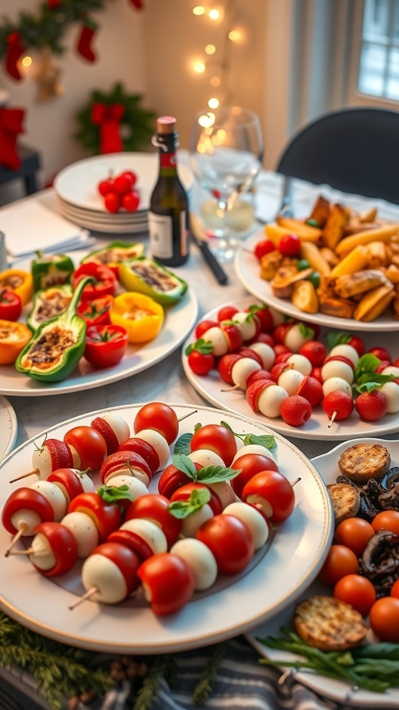 A festive table with gluten-free appetizers including stuffed mini peppers, caprese skewers, and roasted vegetables for a Christmas party.